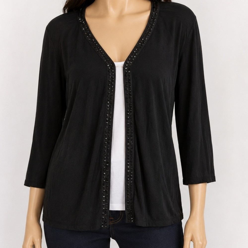 Talbots Womens Cardigan Black Beaded Trim 3/4 Sleeve Classic M